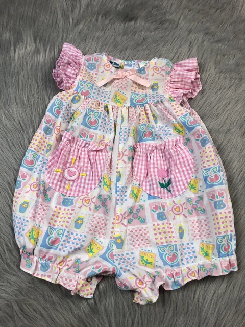 Vintage Baby Girls Pink Multicolored Floral Garden Checkered Bubble Romper