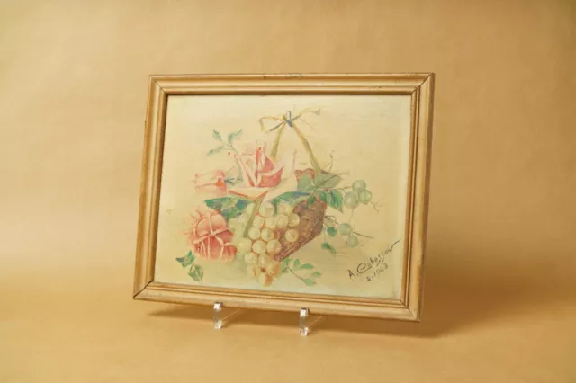 tableau cadre HSP nature morte fruits fleurs naïf vintage 1963 signé Cabasson