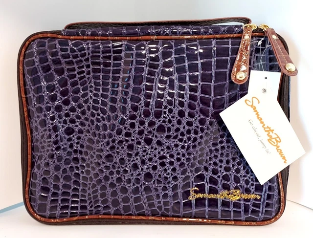 Samantha Brown Luggage Jewelry/Cosmetic Bag Faux Croc Purple Camel 14x11 " NWT