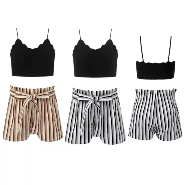 Girls Kids Casual Outfits Crop Tops Elastic Waistband Stripe Shorts Stylish Sets