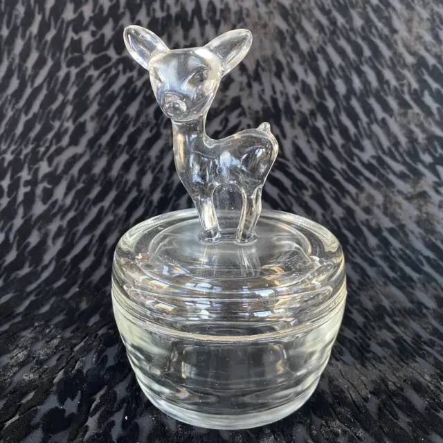 Vintage Jeanette Marigold Clear Glass FAWN Deer Powder Trinket Covered Dish