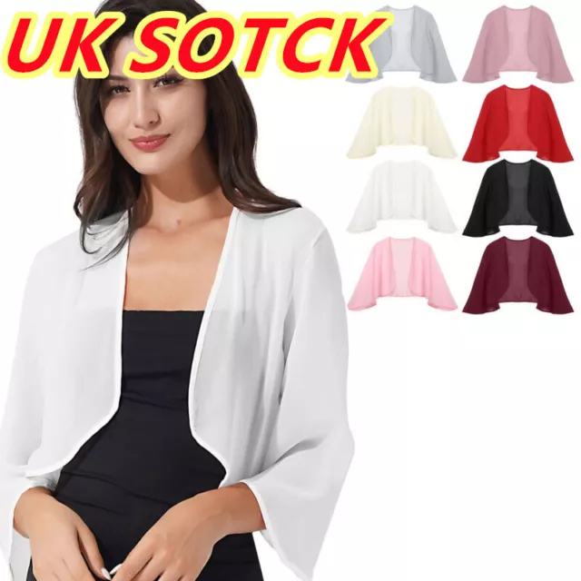 UK Women Chiffon Shrug 3/4 Sleeve Open Front Cropped Bolero Cardigan Tops Jacket