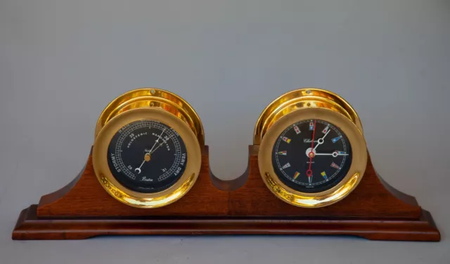 VINTAGE Chelsea Black Flag Clock and Barometer Set w/ wood base stand VGC 3