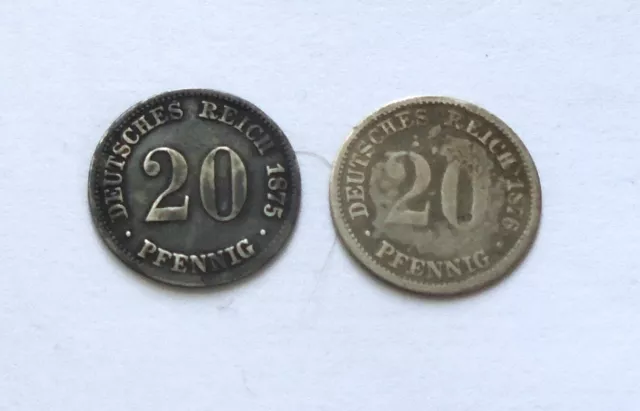 2 Kursmünzen Silber Deutsches Kaiserreich 20 Pfennig 1875 A und 1876 D