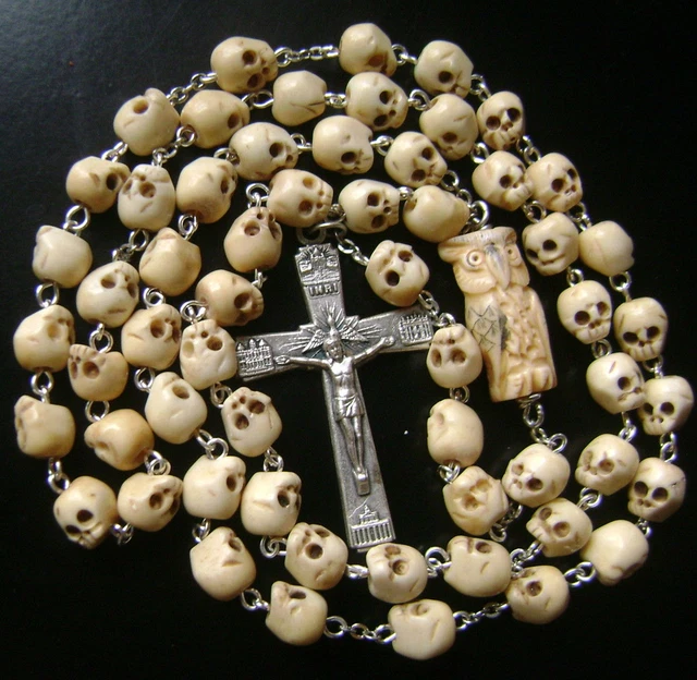 Vintage Tibet Oxen Bone Skull Beads Owl Rosary Catholic Necklace Italy Cross Box
