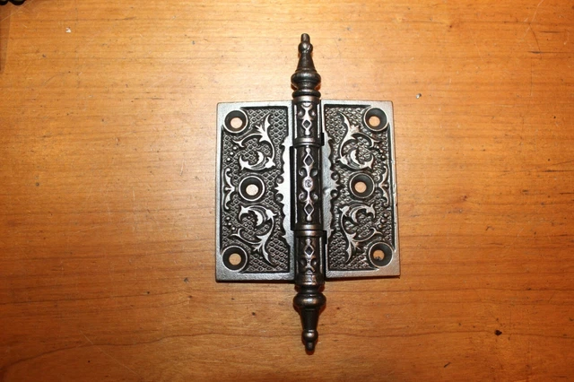 One 3" x 3" Ornate Steeple Tipped Cast Iron Victorian Eastlake Hinge F-15
