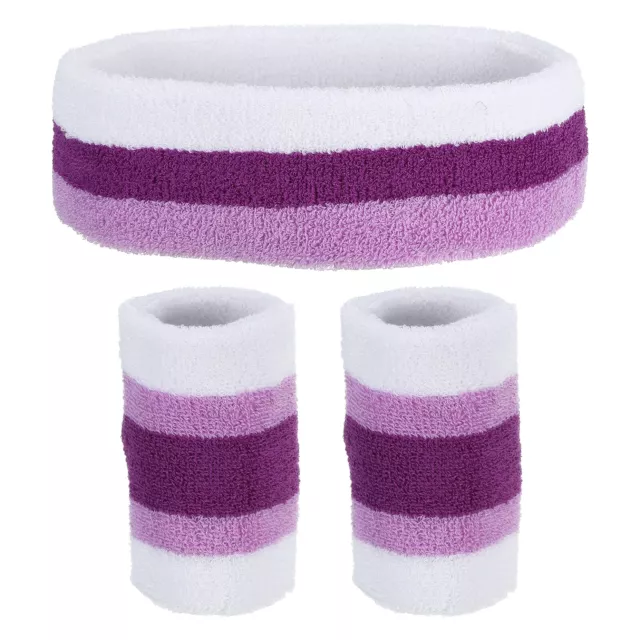 1 Headband & 2 Sport Wristbands Cotton Athletic Sweatband White, Purple