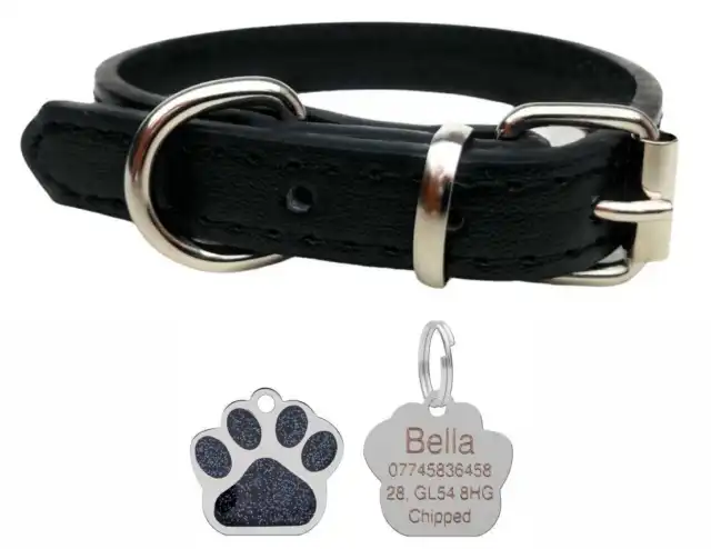 Vibrant Leather Dog Collar for Puppy, Dogs & Personalised Paw Shaped Glitter Tag 3