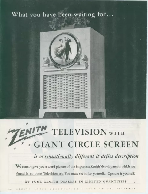 1949 Zenith Television TV On Dancers Giant Circle Screen Vintage Print Ad SP17