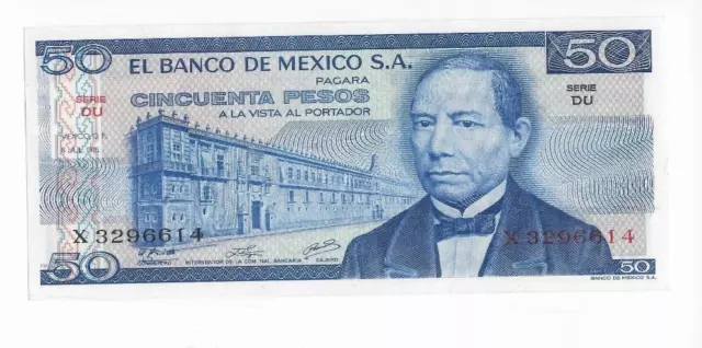 1976 Mexico Banknote 50 Pesos Benito Juarez Paper Money Mexican UNC