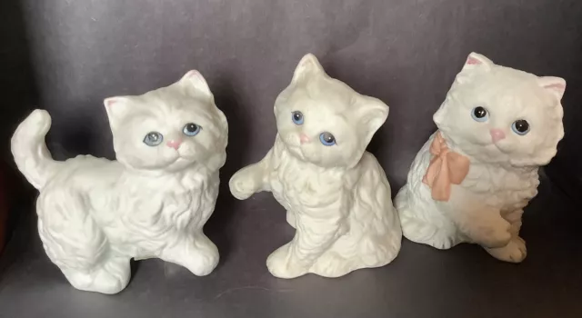 Vintage Homco White Persian Cat Kitten Figurines Porcelain EUC Lot Of 3