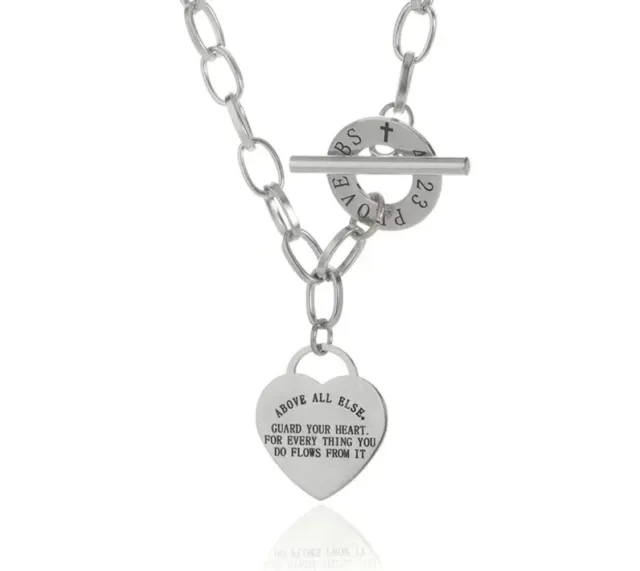 Silver Necklace Fashion Unisex Cross Heart Pendant Bible Verse Proverbs 4:23