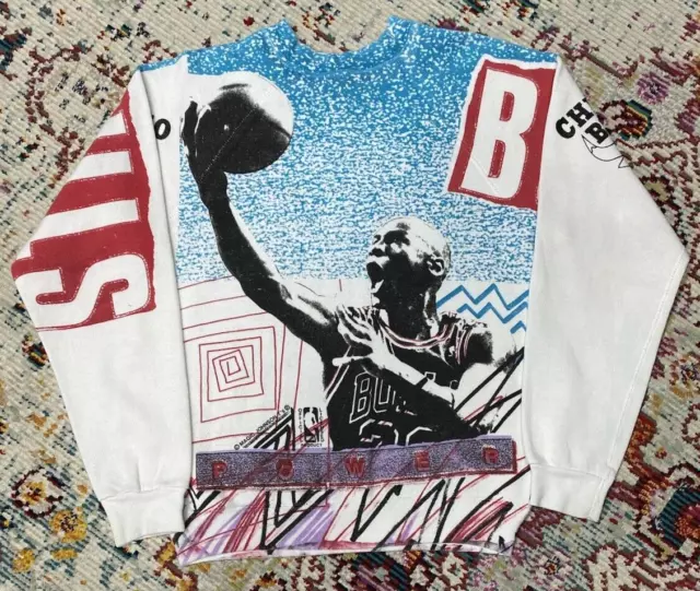 Rare Vintage 90'S Usa Made Michael Jordan Bulls All Over Sweatshirt Youth M A6