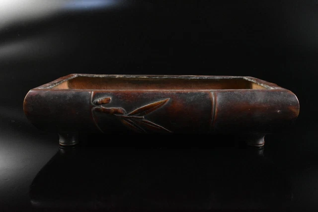 M1933: XF Japanese Old Copper Bamboo joint sculpture Shapely SAND BOWL