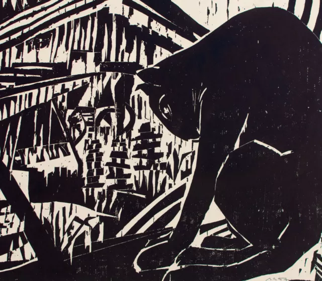 Katze Landschaft Abstrakt Original Deutsch signiert Linolschnitt 1957