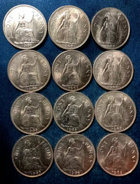 Vintage Great Britain Coin Lot - 1963 - 12 PENNIES - UNCIRCULATED RED - Lot #D6