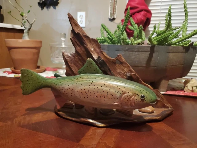 Vtg Hand Carved Driftwood Base With Rocks and Trout 16" W x 11" H