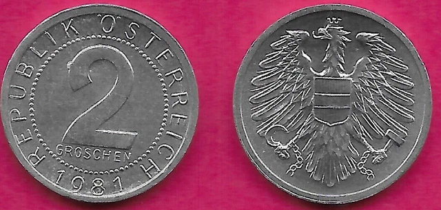 Austria 2 Groschen 1981 Unc Imperial Eagle With Austrian Shield On Breast,Holdin