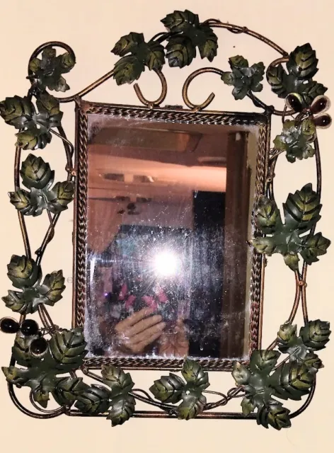 Ornate Wrought Iron mirror vtg green leaves and glass red grapes metal