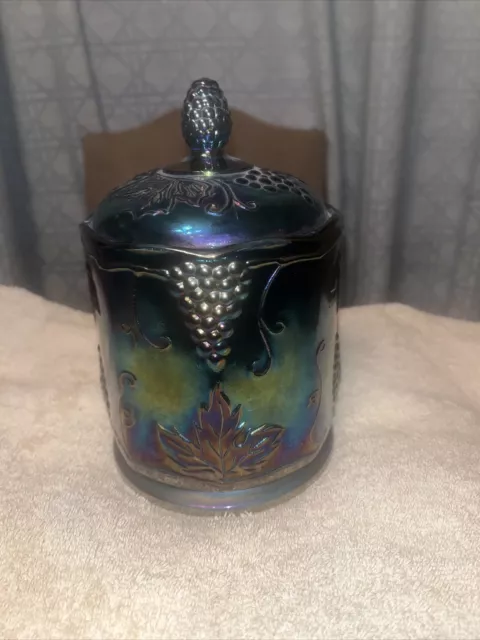Rare Indiana Harvest Blue Medium Canister Contemporary Carnival Glass, Perfect