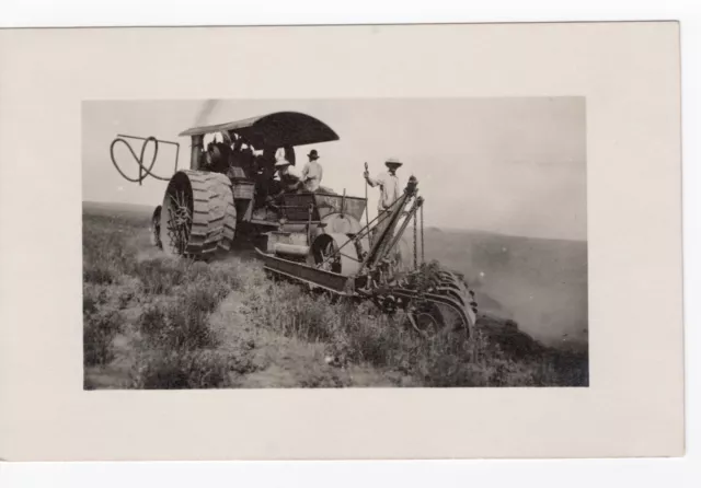 RPPC, Steam Tractor pulling plow or disc, real photo