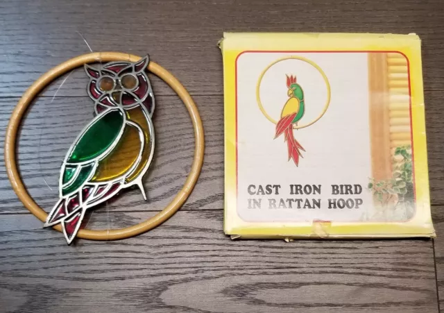 Vtg Cast Iron Owl Suncatcher Rattan Hoop Green Yellow Red Resin Window Hanging
