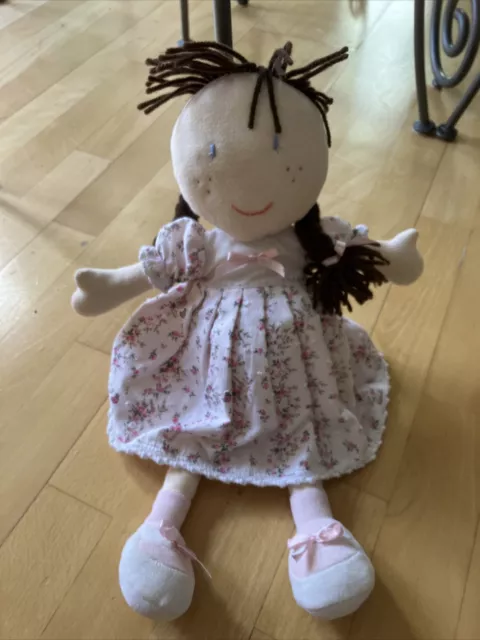 The Little White Company Rag Doll Soft Comfort Toy - Brunette & Pink Dress Vgc