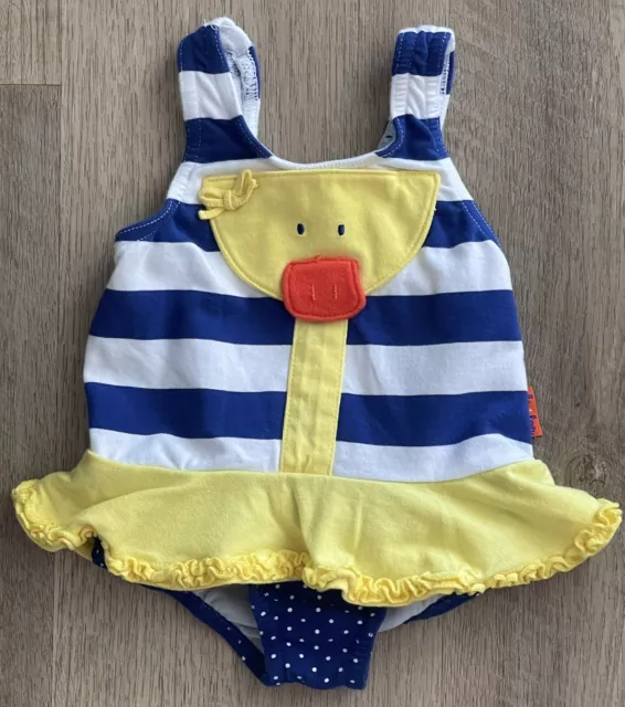 Le Top Baby Girls Ruffled Swimsuit Size 9m Blue Stripe Yellow Duck Boutique