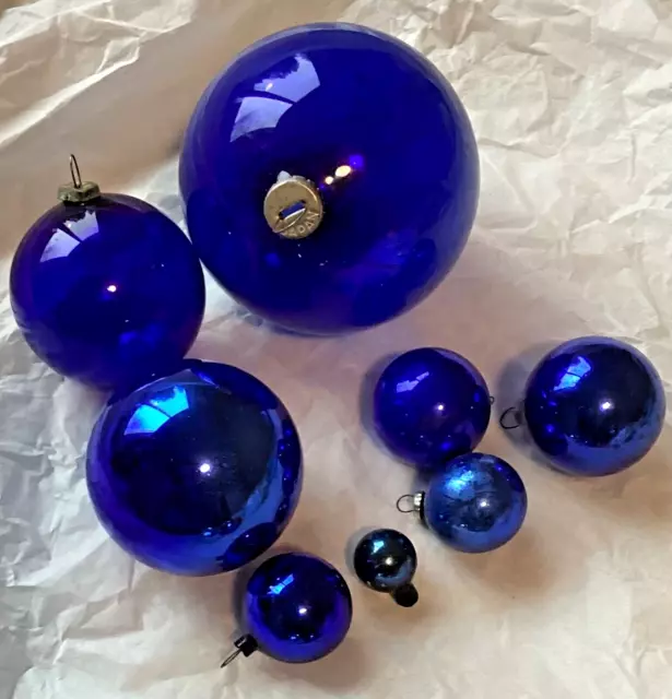 8 Antique Cobalt Blue Glass Hand blown Made Japan Christmas Ornaments Caps Japan