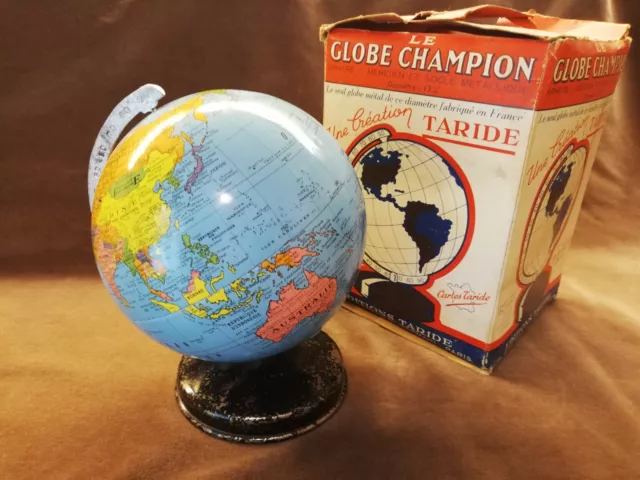 Boxes - Rare boite-mappemonde en métal, globe terrestre vintage