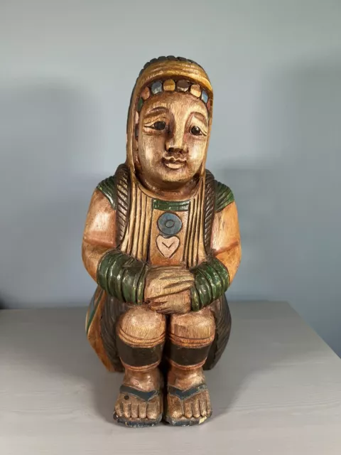 Asiatische Skulptur Holz Kunst Schnitzen handgeschnitzt Mädchen Korb Halter Statue