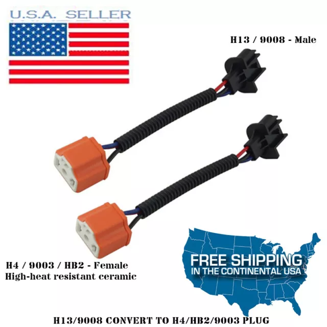 H13 9008 To H4 HB2 Harness Cord Conversion Headlight Adapter Socket Pre-wired 2x