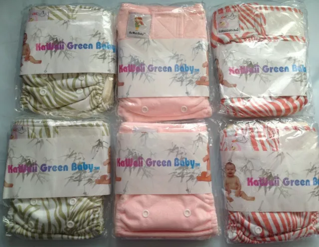 Lot of 6 KaWaii Little Green Baby Bamboo Newborn Pocket Diapers, 2 inserts each