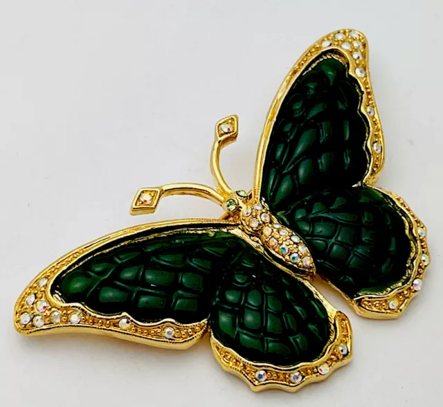 Gold Tone 42 Aurora Crystal Green Lucite Butterfly Pin Brooch