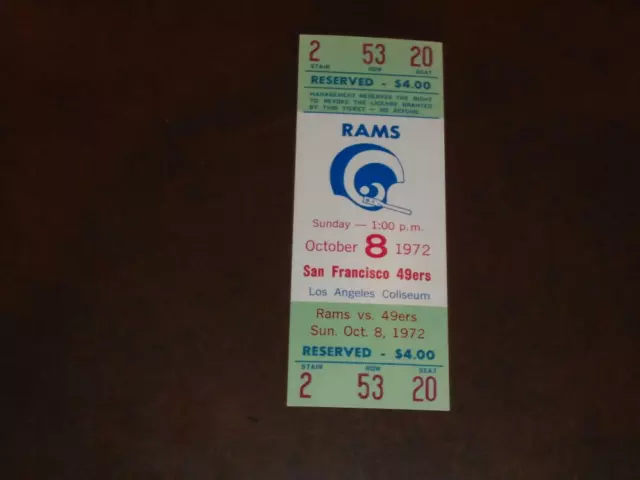 1972 S.f 49Ers At Los Angeles Rams Nfl Football Full Ticket Roman Gabriel Mint