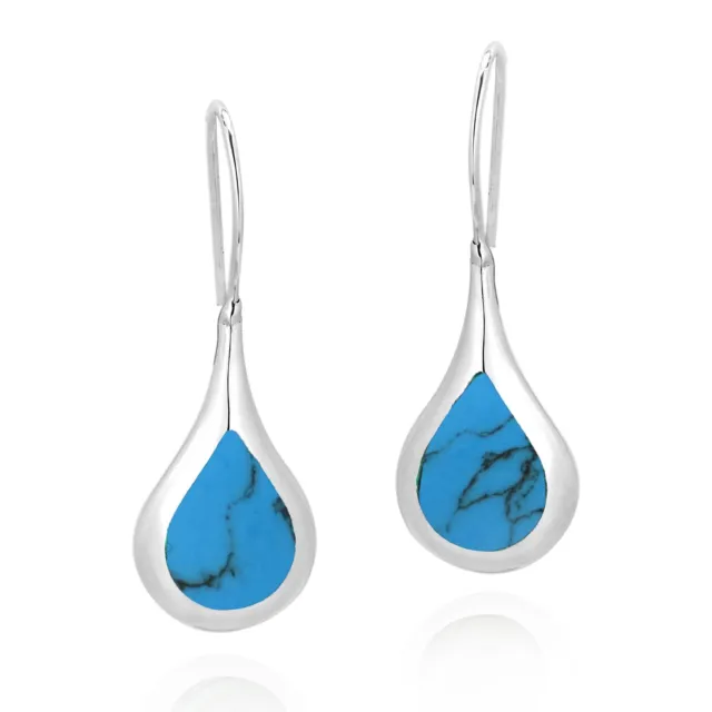 Chic Teardrop w/ Blue Turquoise Inlay Sterling Silver Dangle Earrings