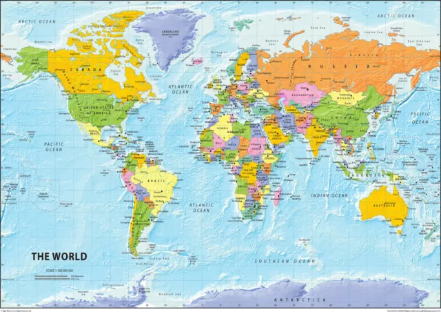 A2 The World Political Wall Map Laminated  42 x 59.4cm