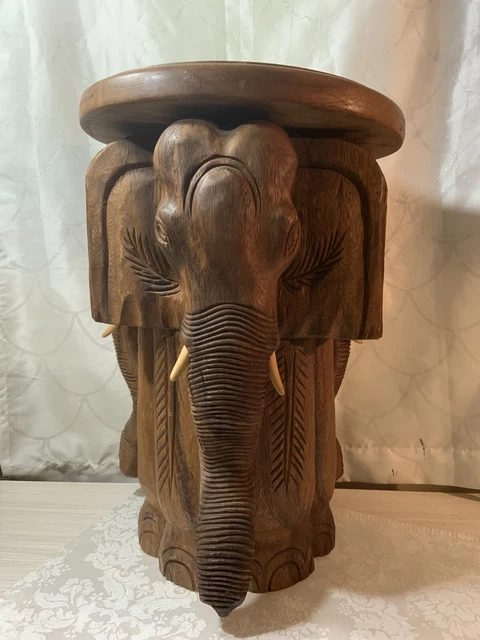Vintage Carved Solid Wood Elephant Plant Stand 3 Faced