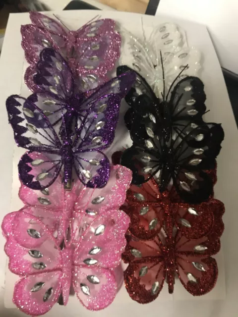 New Mix 12 Glitter Jewelled Clip On Butterfly Weddings Home Decorative 8cm