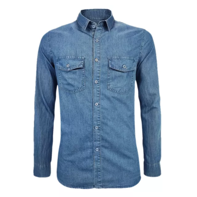 Chemise Homme De Jeans 100% Coton Manches Longues Casual Denim Bleu Veque 3