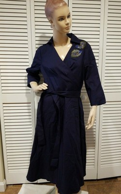 NWT Liza Luxe Vibrant Stylist Collared Dress Navy Faux Wrap A-line sz Large