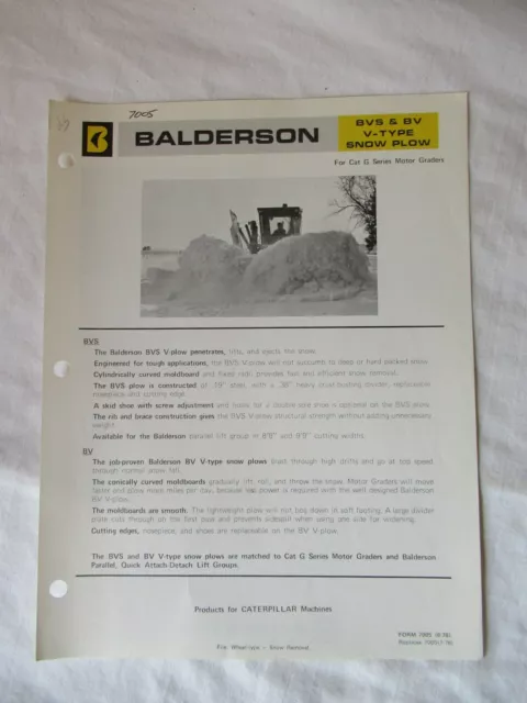 Balderson V-type snow plow specification sheet brochure for CAT G motor grader