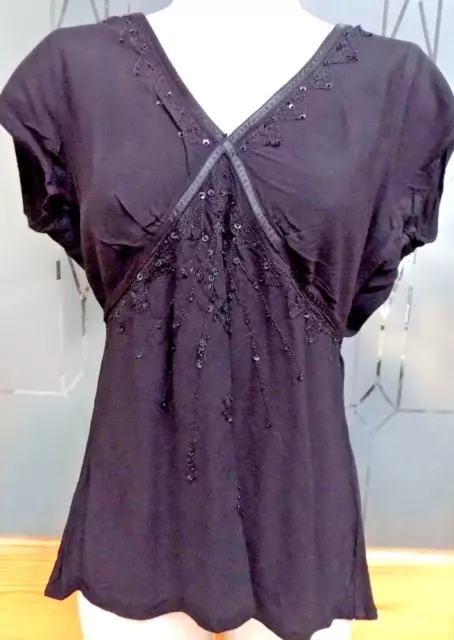 Ladies TUNIC Top Size 10-12 Cotton Black V-Neck Embroidery Sequin Front E-vie