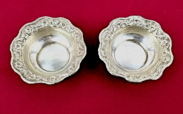 Pair Solid Sterling Silver Anglo Indian Floral Repousse 4.5" Bowls 19th Century