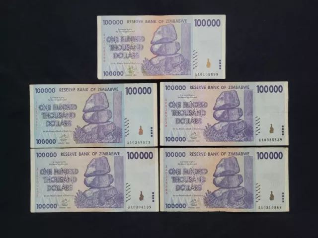 Zimbabwe 5 x 100000 Dollars 2008 Pick- 75 Lot 5 Pcs
