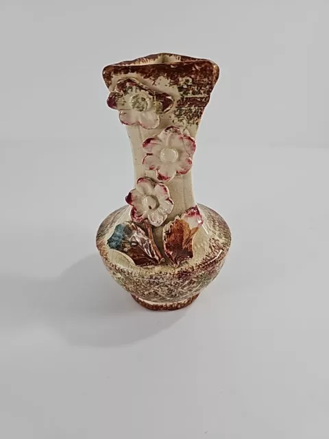 Small Handmade Hand Painted Ceramic Glazed Floral Vase - Mid Century Decor