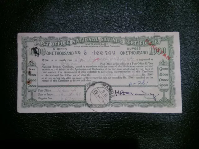 Historical 1000 Rupees 1943  British India Security Savings Sertificate Pakistan