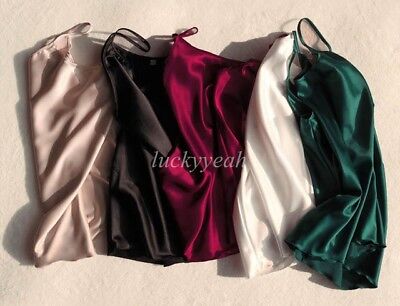 Womens silk Satin Camisole Cami Plain Strappy Vest Top Sleeveless Blouse Tank