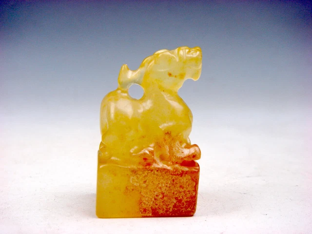Old Nephrite Jade Stone Carved Seal Paperweight w/ Monster Pi-Xiu Top #08192313