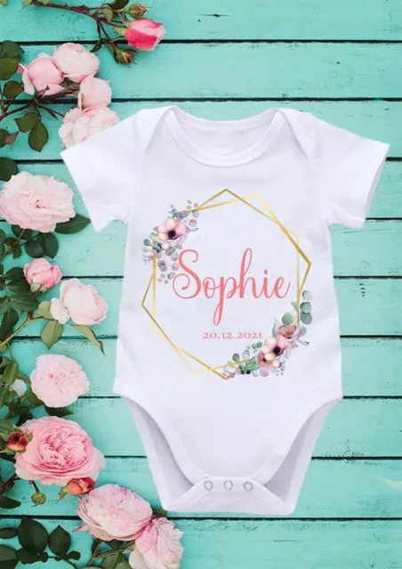 Personalised Name Floral Wreath Cute Baby Boy Vest Baby Shower Gift 221